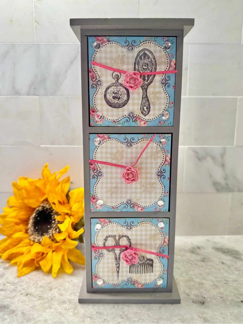 New Shabby Style Gray, Blue, Pink Wooden 3 Drawer Organizer Storage Decor - 11”